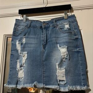 Light Blue Distressed Denim Skirt